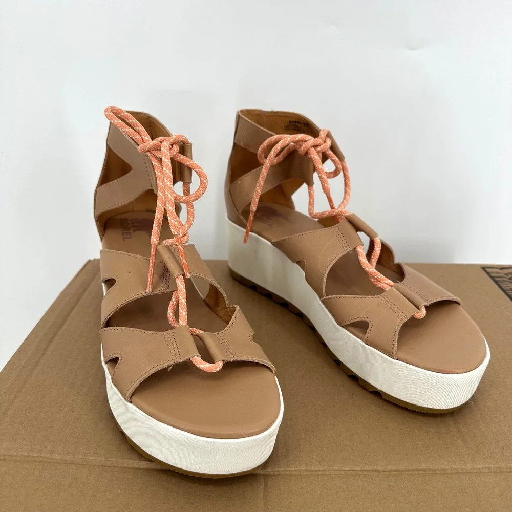 Sorel Tan Cameron Platform Lace Wedge‎ Leather Sandal Women's 9.5